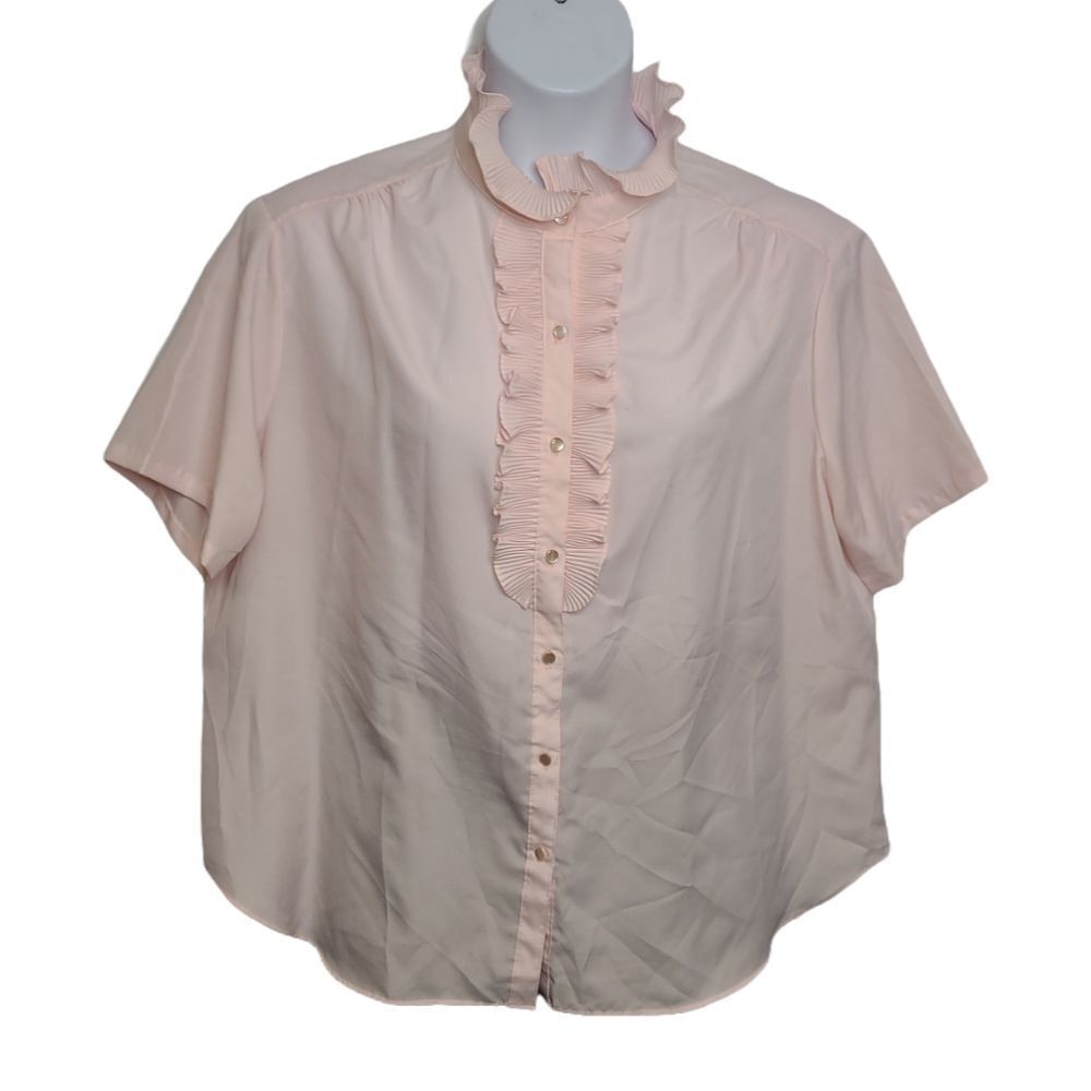 VINTAGE 80s pink frilly ruffle collar button up short sleeve kawaii blouse XL